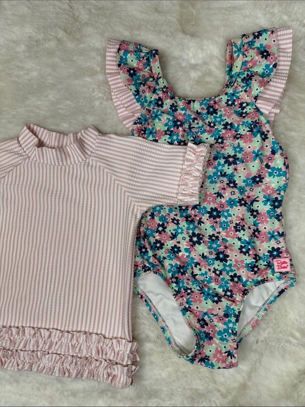 Ruffle Butts 2 Pc Swim Set Swimsuit Sz 5 & Rashguard Shirt 3T Pink Stripe Floral